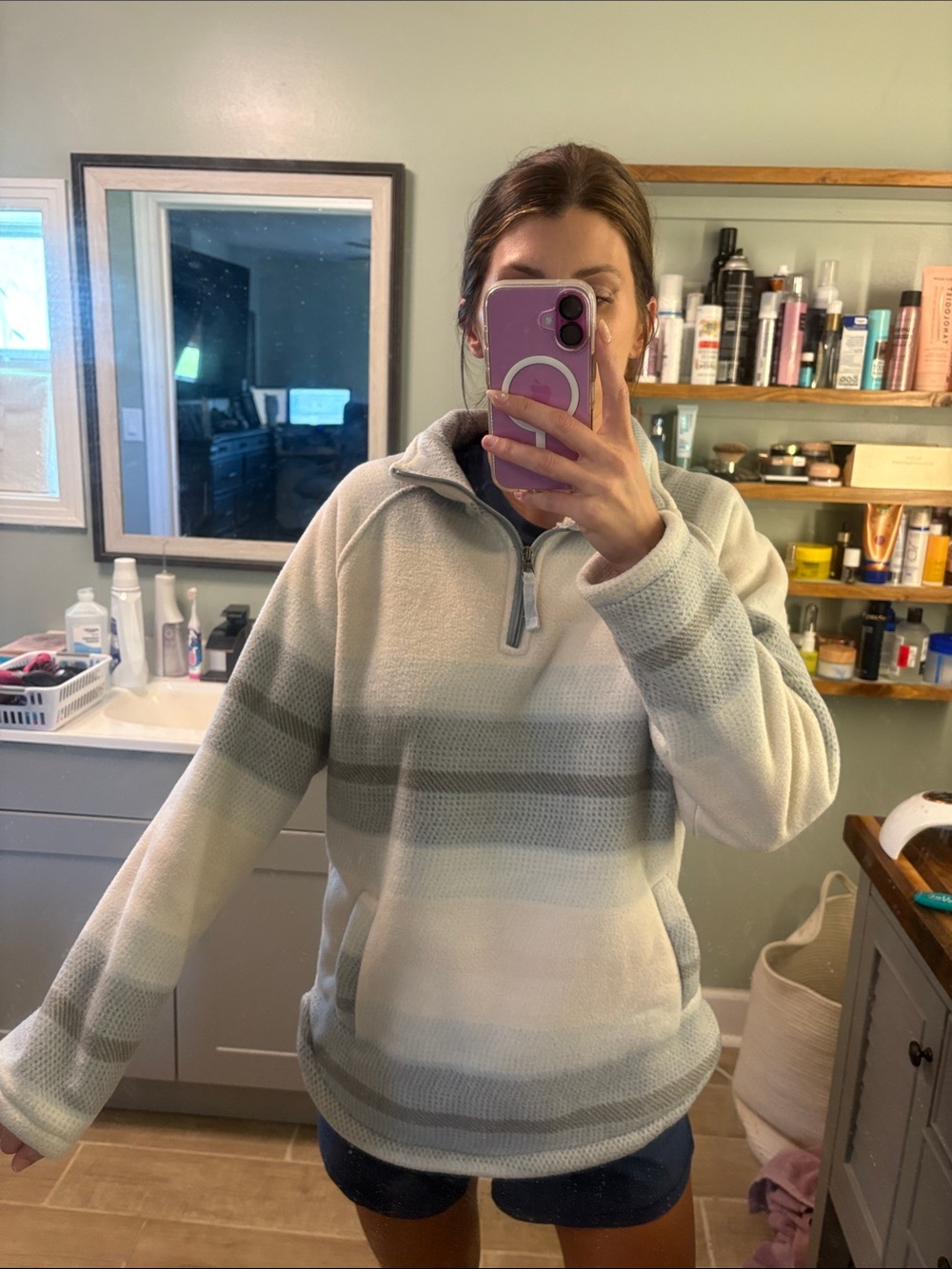 JACHS Girlfriend Women's Striped Quarter-Zip Pullover - Light Gray, Cream